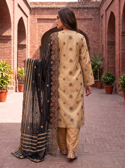 Premium 3 Piece Unstitched Zari Masuri Cotton Net Festive Ensemble
