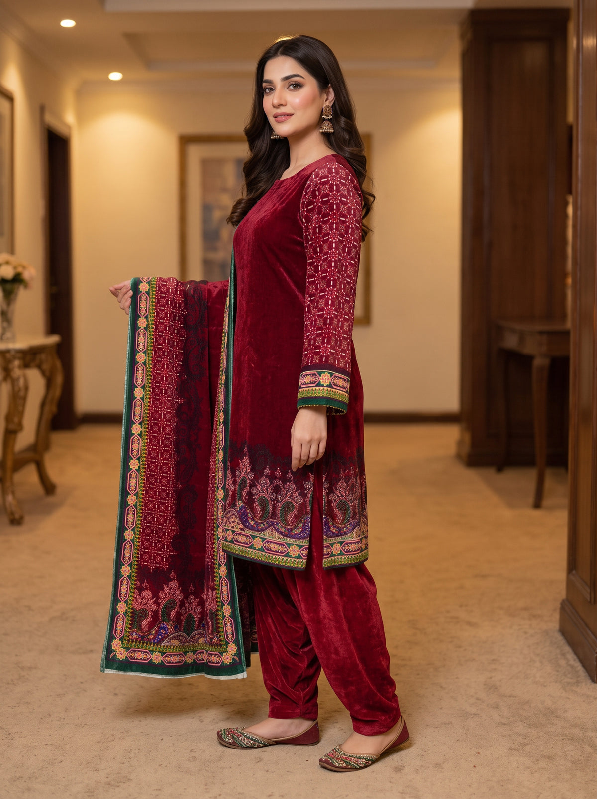 Luxurious 3-Piece Unstitched Micro Phoenix Print Velvet Suit