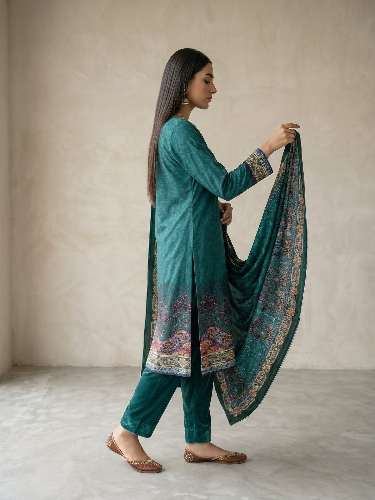 Premium Deep Teal Unstitched Micro Phoenix Print Velvet Suit - 3 Piece (Winter Edition)