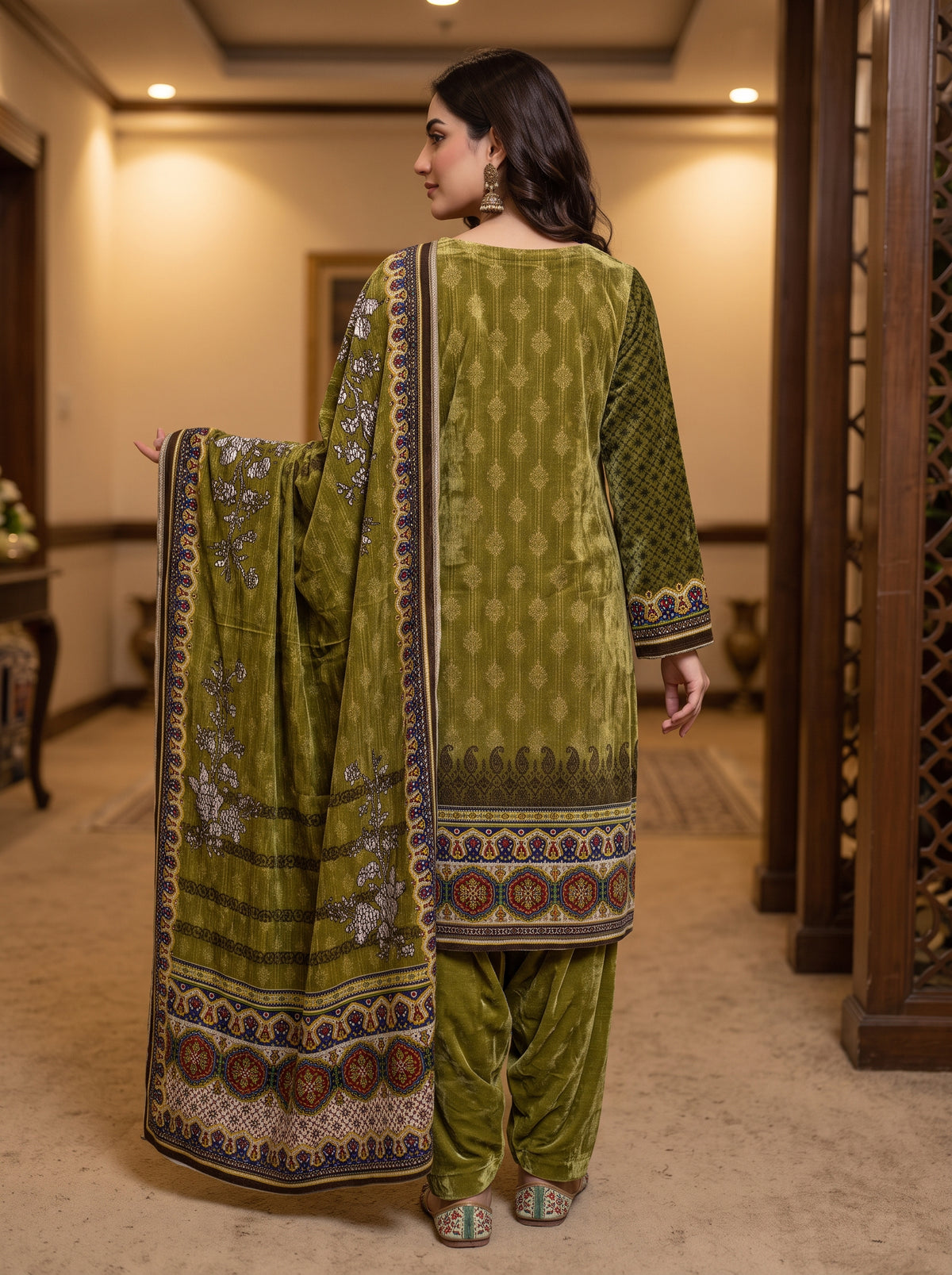 Lush Drape Micro Phoenix Printed Velvet 3-Piece Suit - Unstitched
