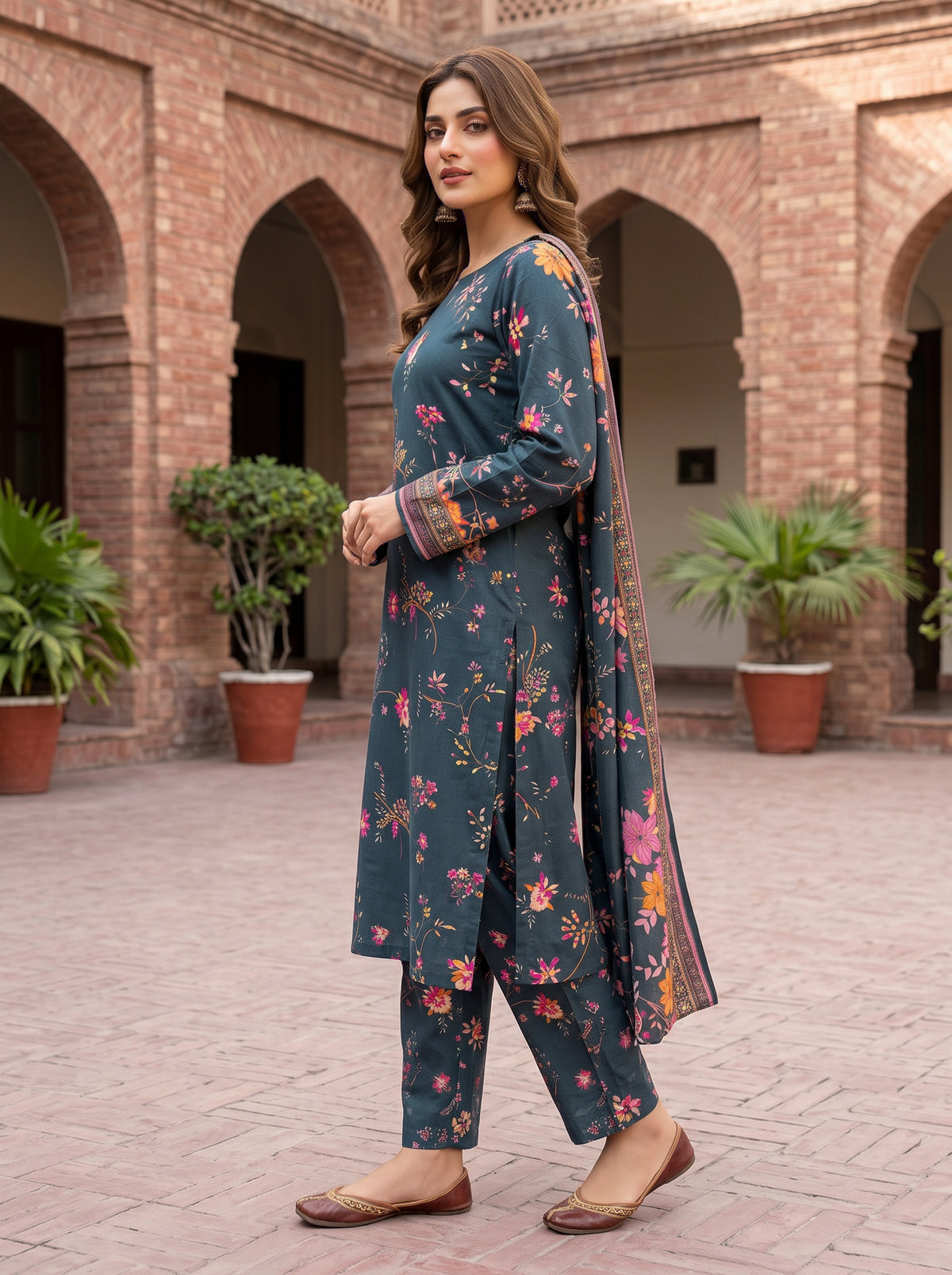 3 Piece Unstitched Printed Viscose Suit with Ribbon Wool Dupatta – Dark Teal Floral