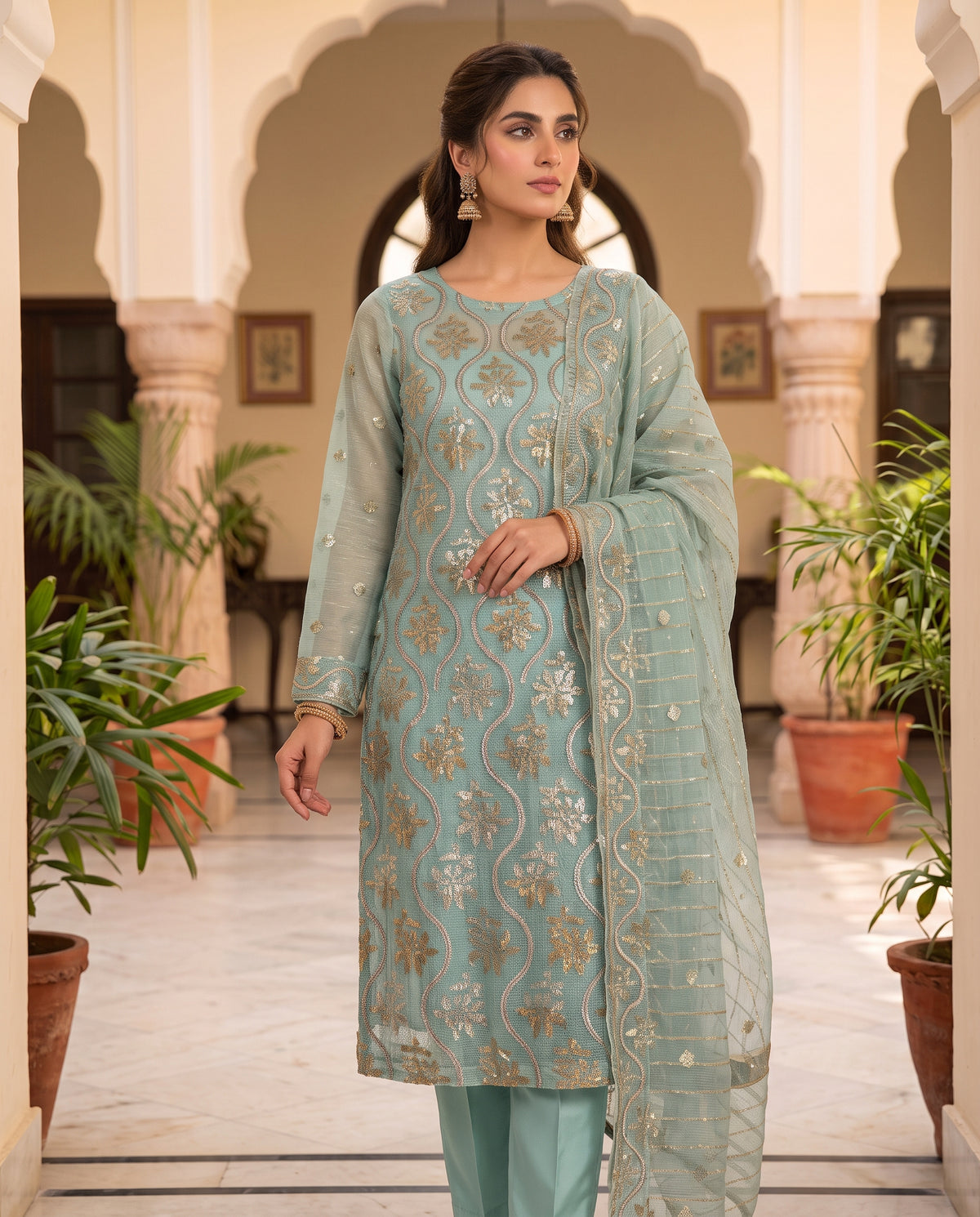 3-Piece Unstitched Zari Masuri Cotton Net Suit with Silk Trouser