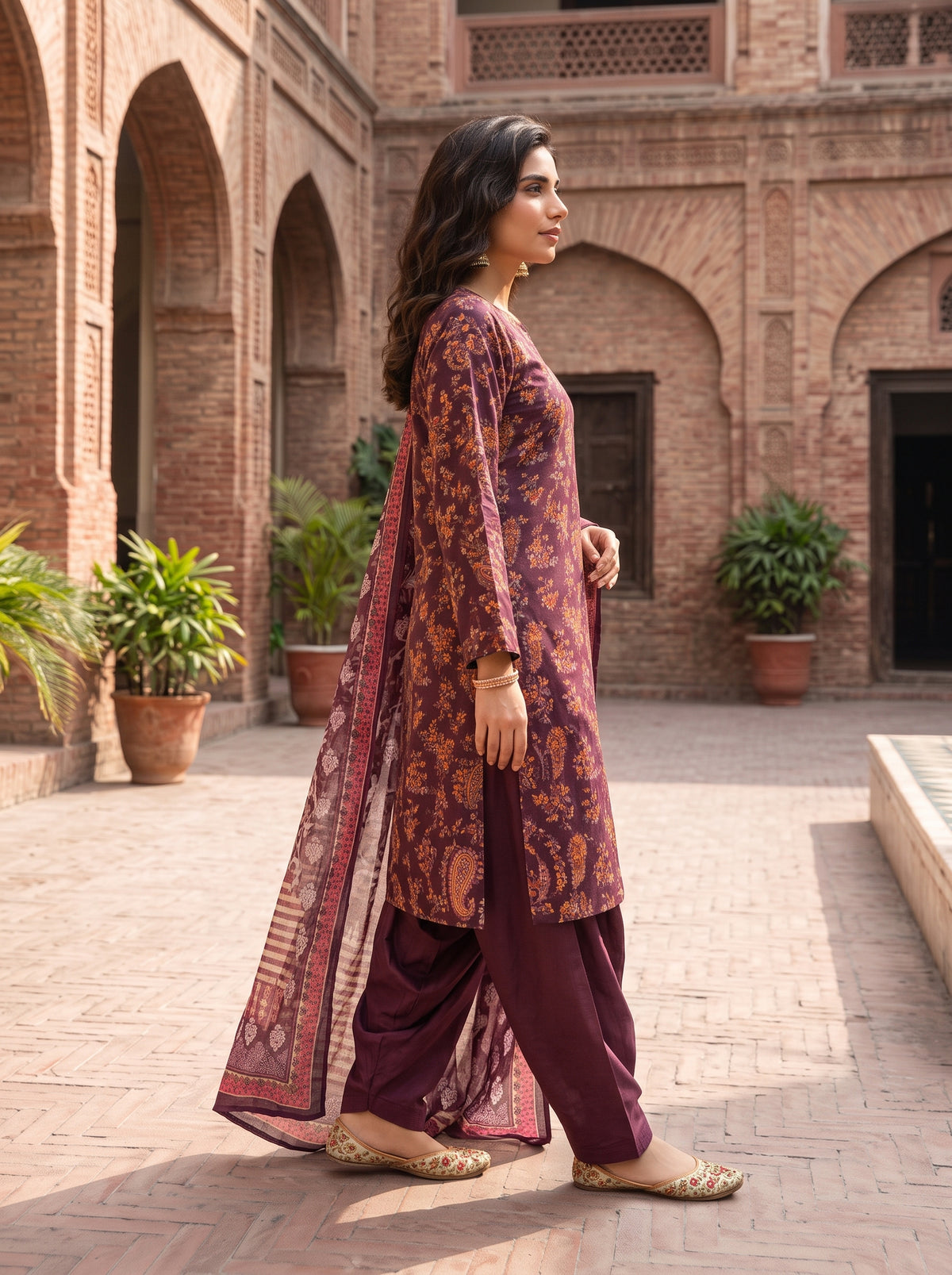 Deep Plum Barosha Silk 3-Piece Unstitched Suit | Sale