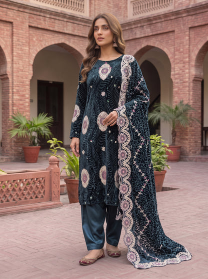 Deep Slate-Teal Embroidered 3 Piece Unstitched Suit | Luxury Formal Wear