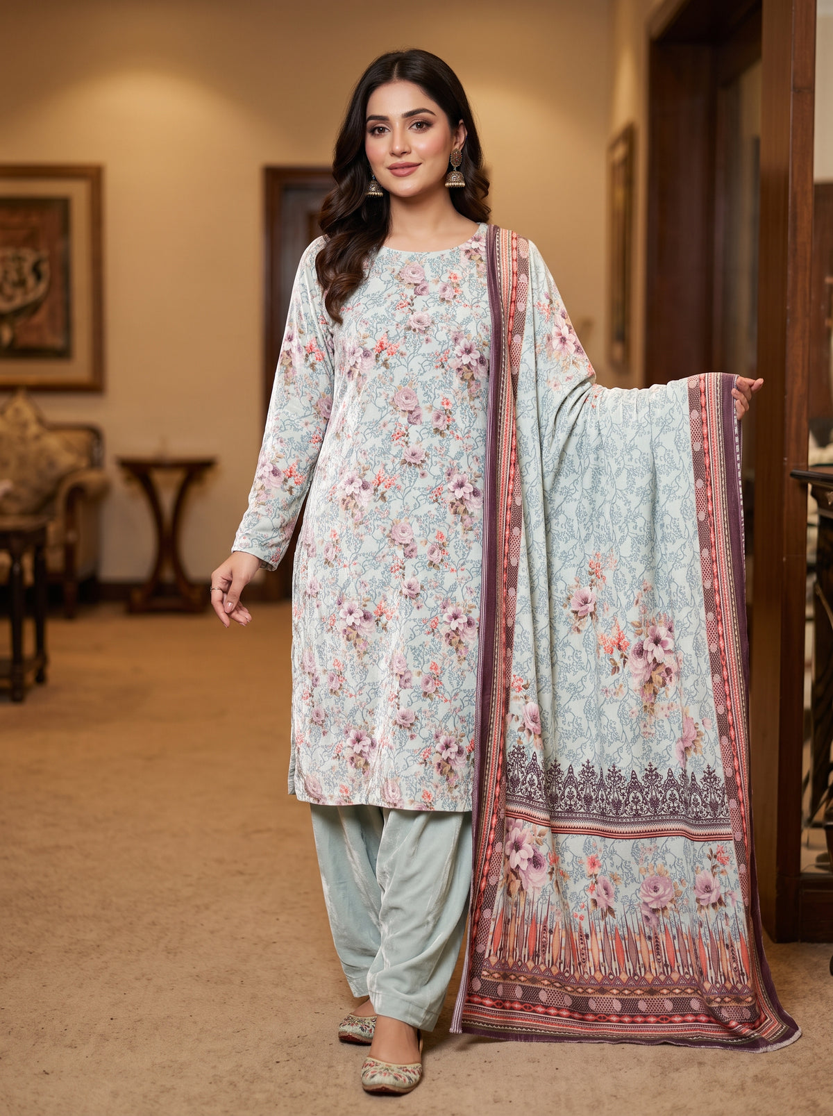 Regal 3-Piece Unstitched Printed Velvet Suit for Women