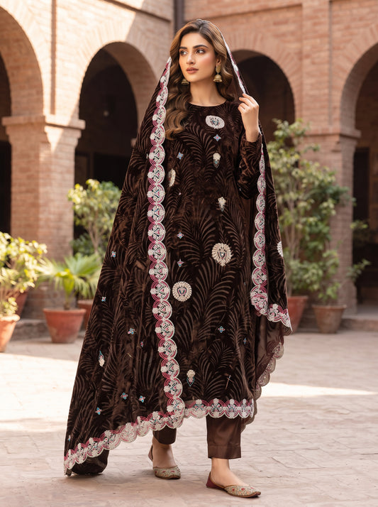 Dark Brown Embroidered 3 Piece Unstitched Suit | Luxury Formal Wear