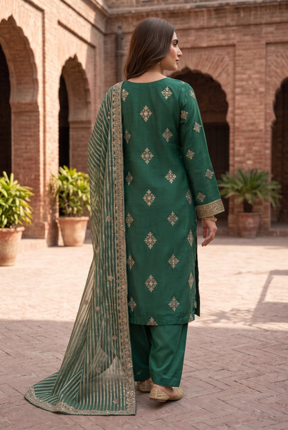 Exclusive 3 Piece Unstitched Zari Measuri Cotton Net Ensemble