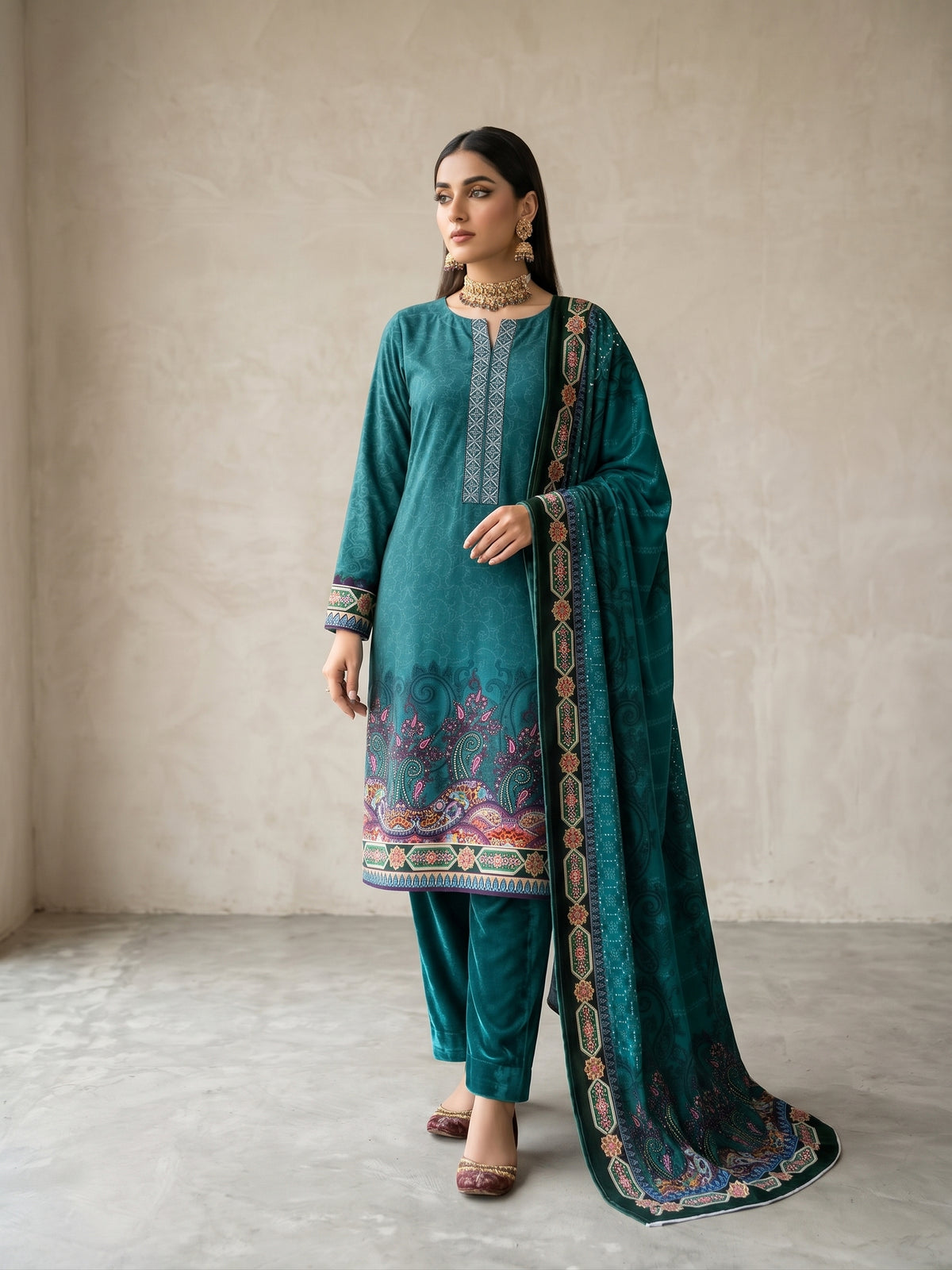 Premium Deep Teal Unstitched Micro Phoenix Print Velvet Suit - 3 Piece (Winter Edition)