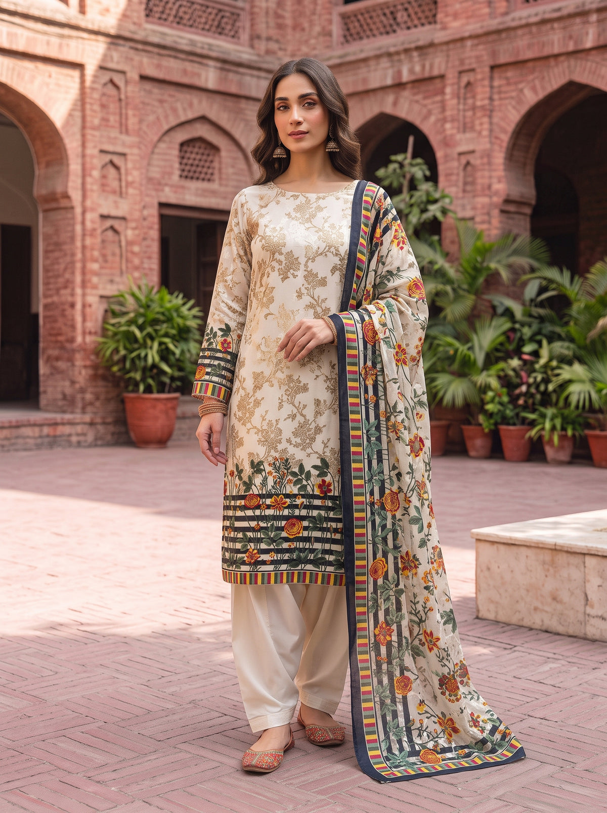 Off-White Floral Barosha Silk 3-Piece Unstitched Suit | Sale
