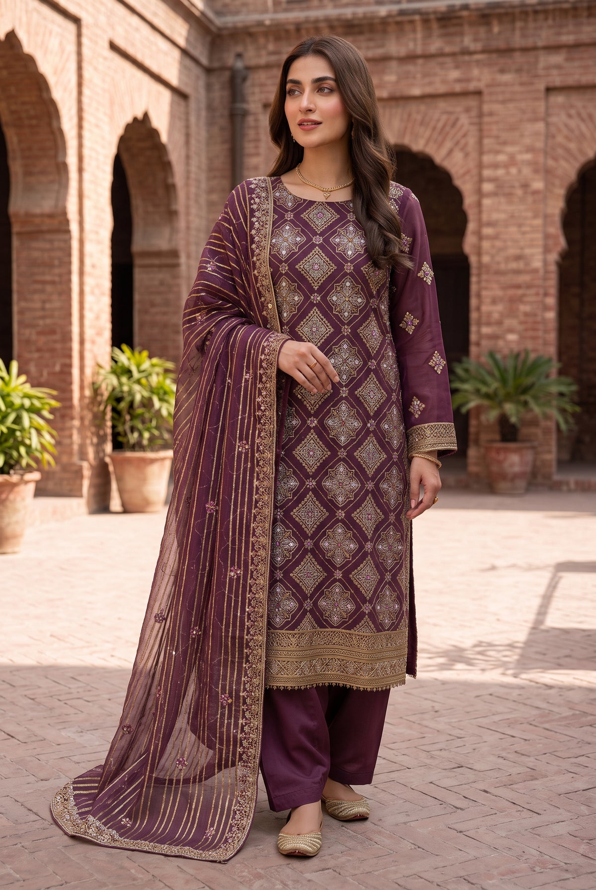 Embroidered Style Unstitched Zari Cotton Net 3 Piece with Plain Silk Trouser
