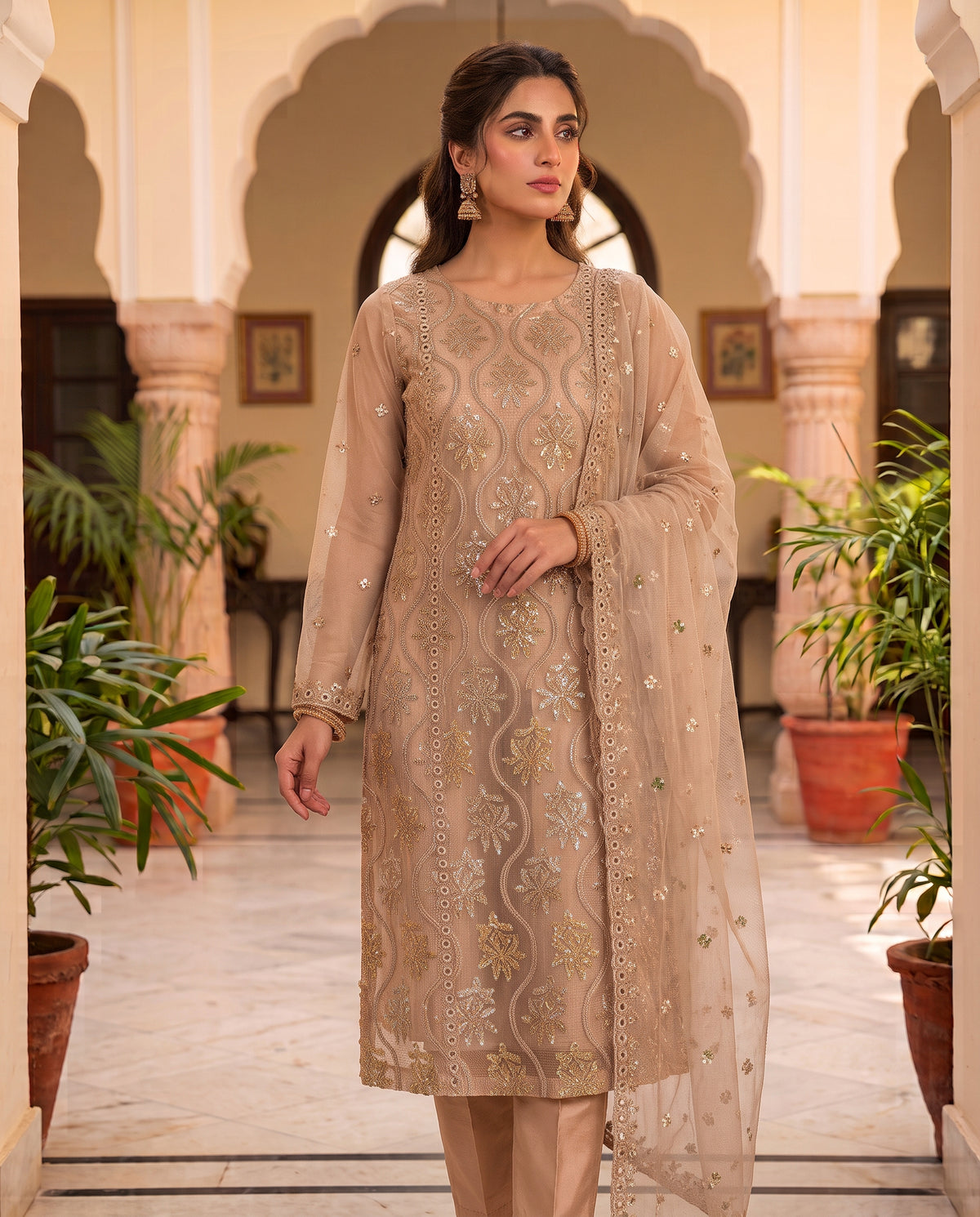 Classic Zari Masuri Cotton Net Unstitched Suit | 3-Piece