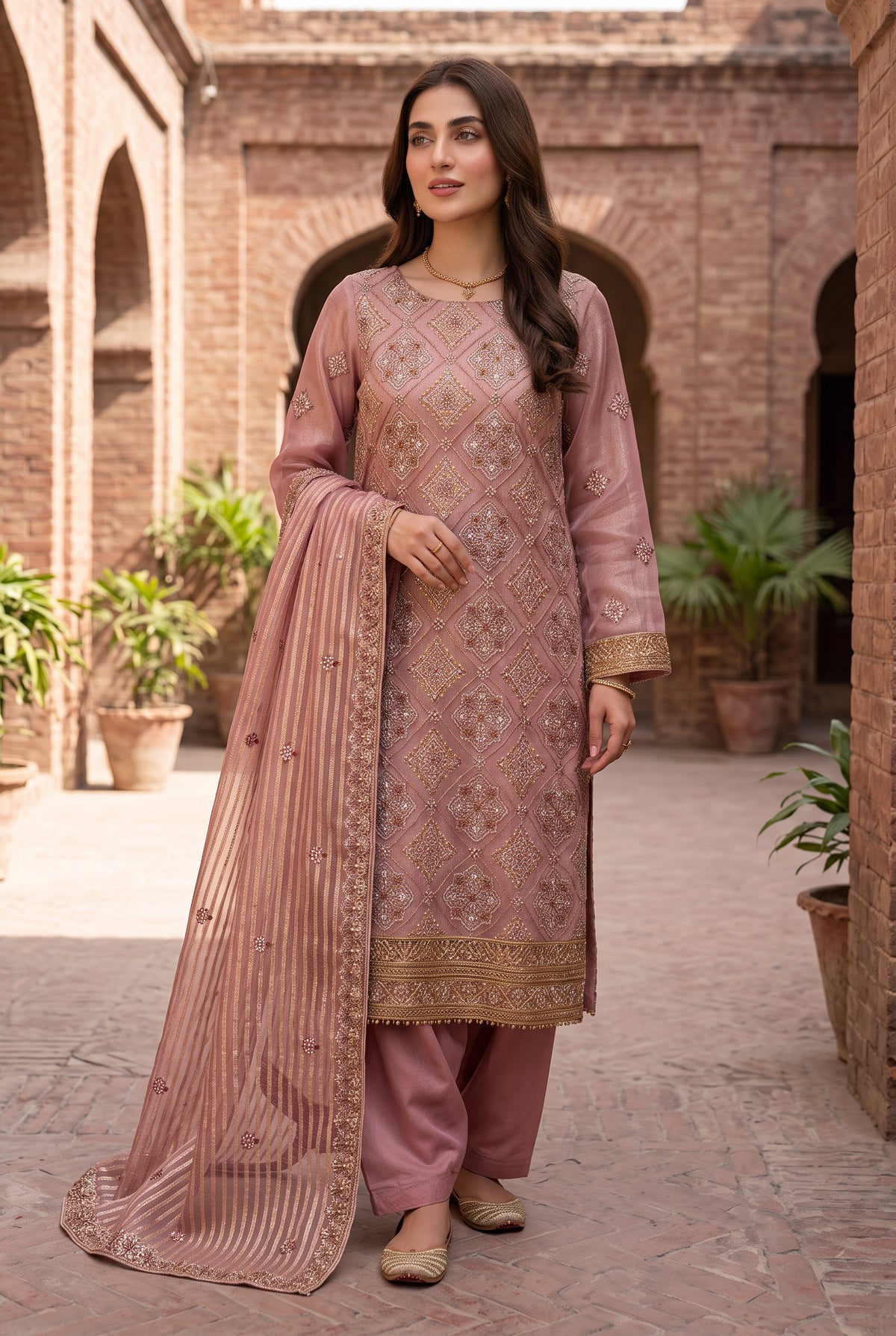 Unstitched 3 Piece Zari Cotton Net Dress with Silk Trouser