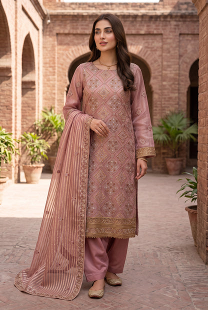 Unstitched 3 Piece Zari Cotton Net Dress with Silk Trouser