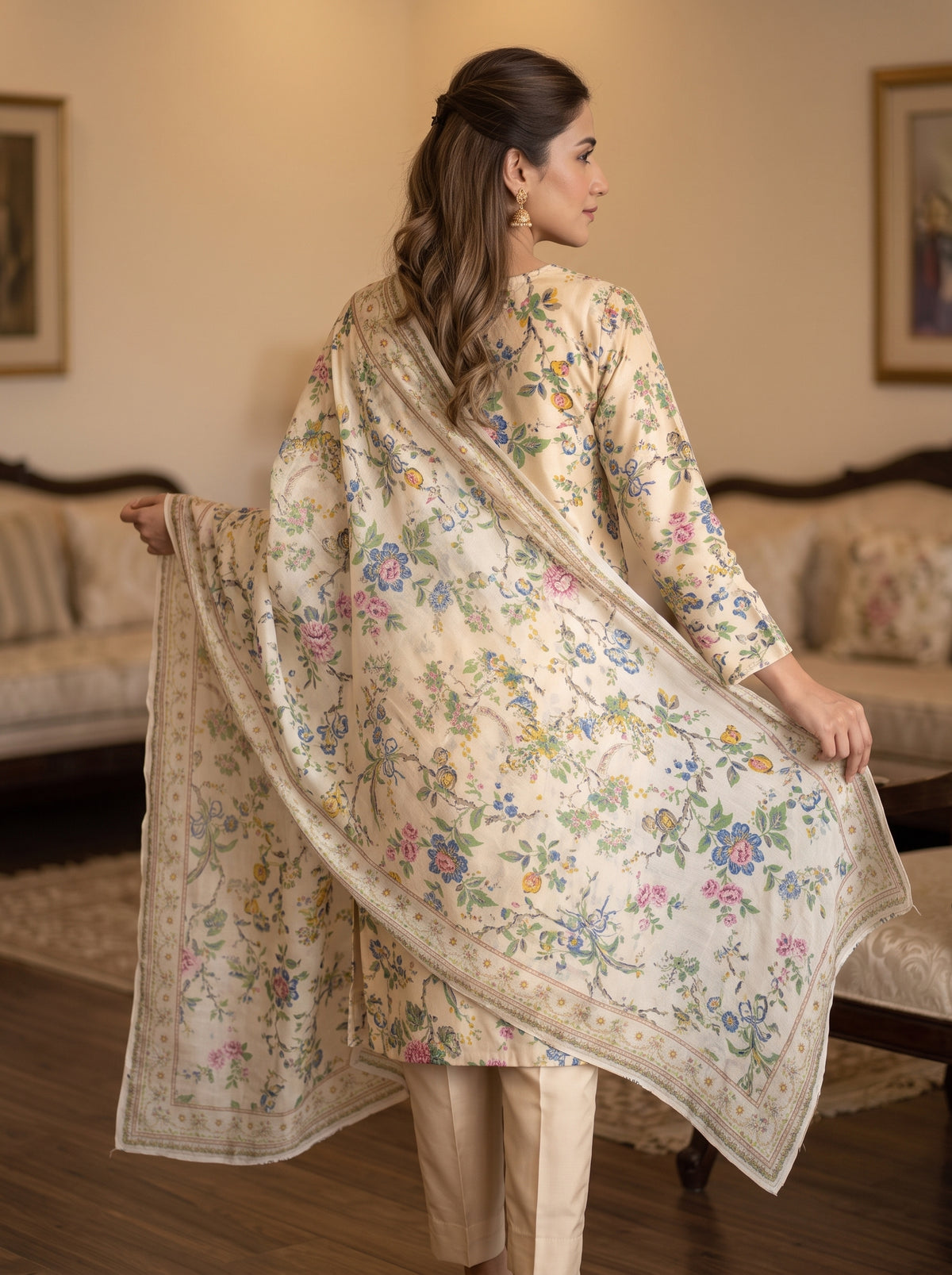 Premium Three-Piece Unstitched Printed Silk Suit