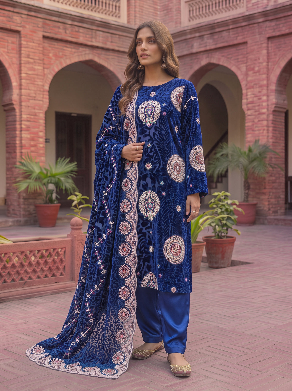Royal Blue Embroidered 3 Piece Unstitched Suit | Luxury Formal Wear