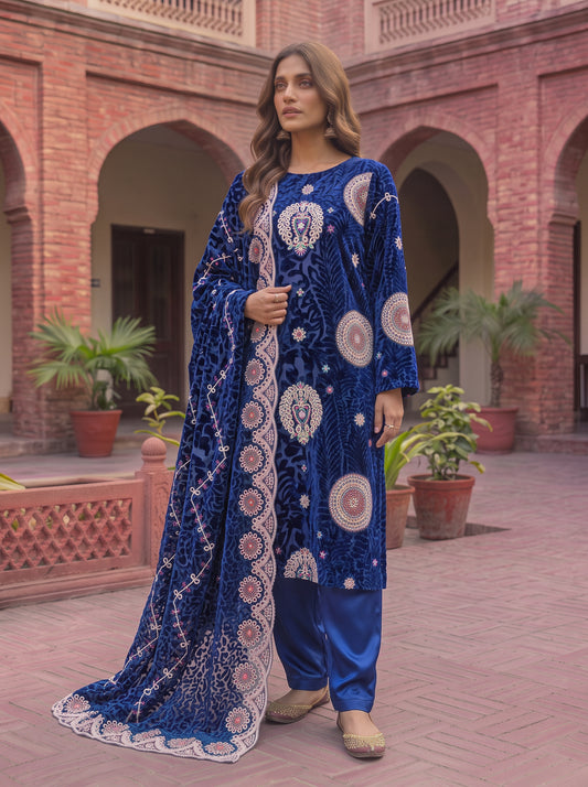 Royal Blue Embroidered 3 Piece Unstitched Suit | Luxury Formal Wear
