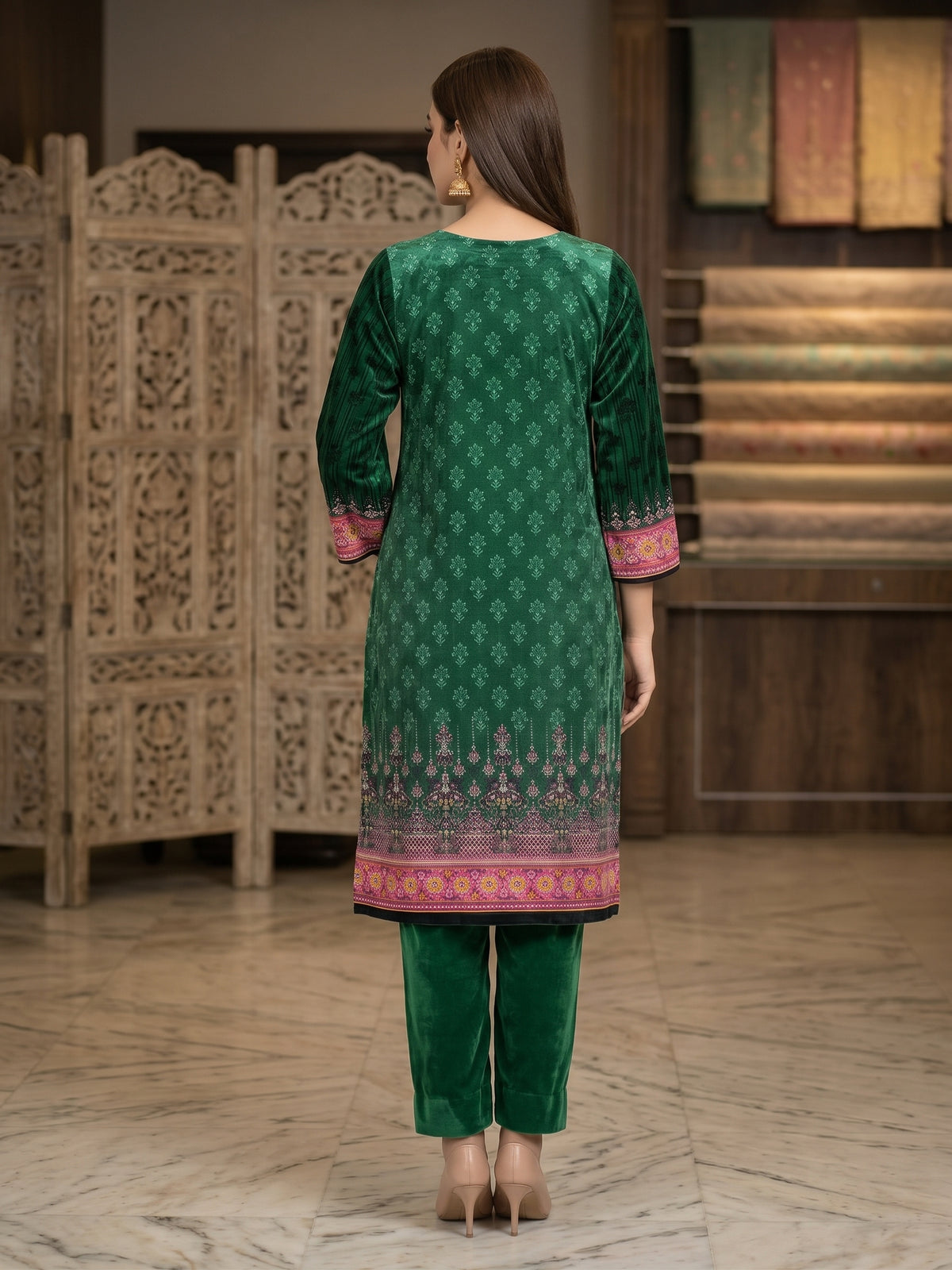3-Piece Unstitched Micro Phoenix Print Velvet Suit – Deep Emerald Green