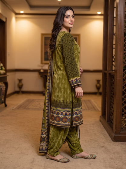 Lush Drape Micro Phoenix Printed Velvet 3-Piece Suit - Unstitched