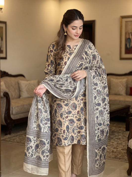 Unstitched Three-Piece Printed Shamoz Silk Set