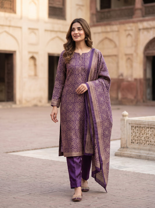 Unstitched Printed Shamoz Silk Three-Piece Garment