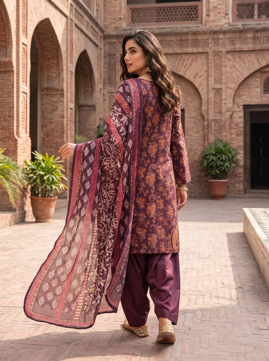 Deep Plum Barosha Silk 3-Piece Unstitched Suit | Sale