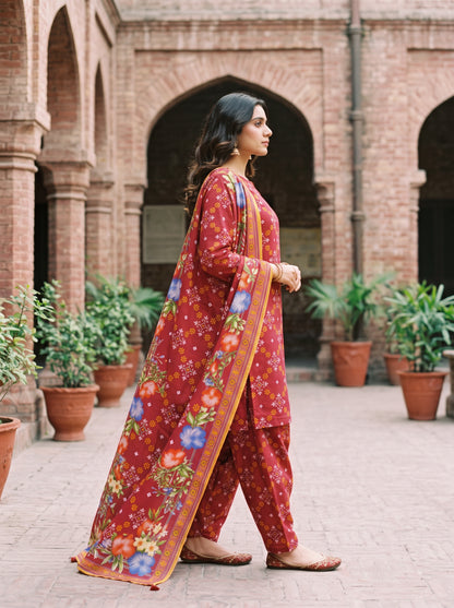 Deep Red Printed Viscose 3-Piece Unstitched Suit | Sale