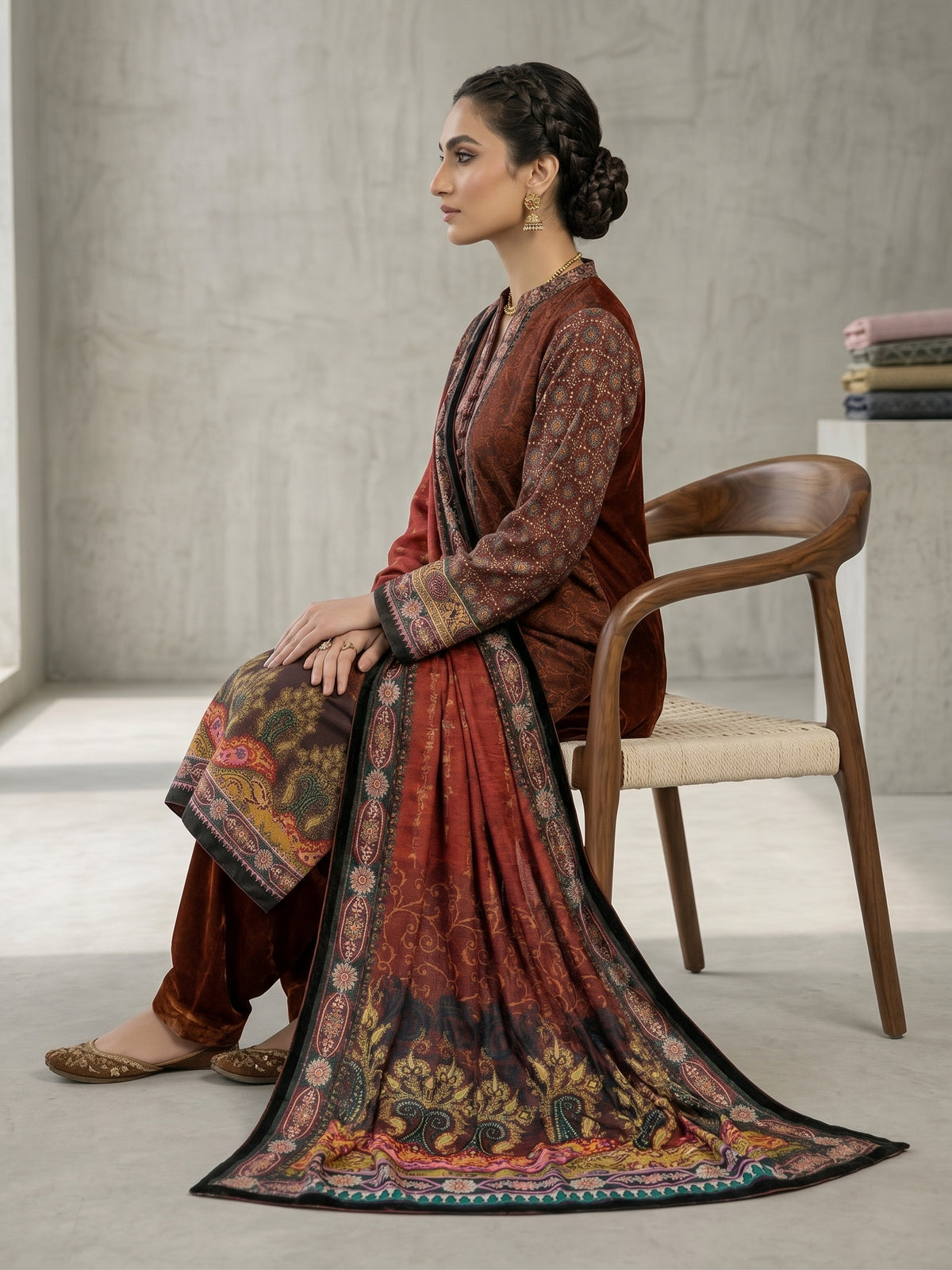 Premium 3-Piece Unstitched Micro Phoenix Velvet Suit | Printed Shirt & Dupatta