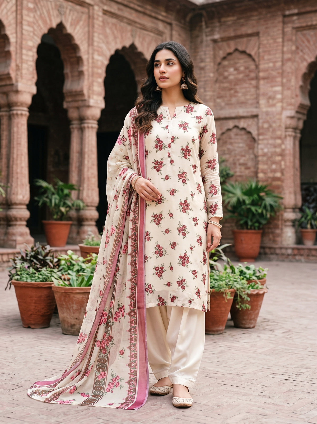 Off-White & Maroon Floral Barosha Silk 3-Piece Unstitched Suit