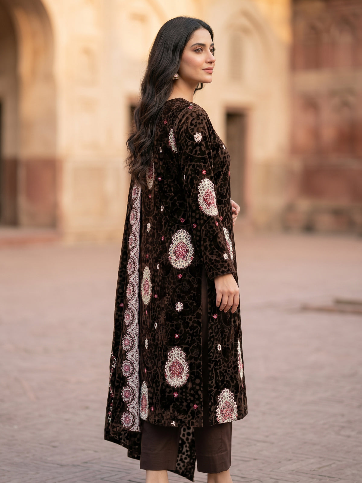 Premium Chocolate Brown Embroidered Luxury 3-Piece Unstitched Suit | Formal Wear