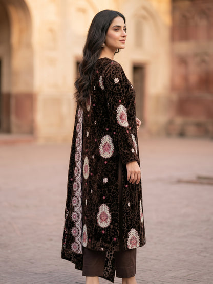 Premium Chocolate Brown Embroidered Luxury 3-Piece Unstitched Suit | Formal Wear