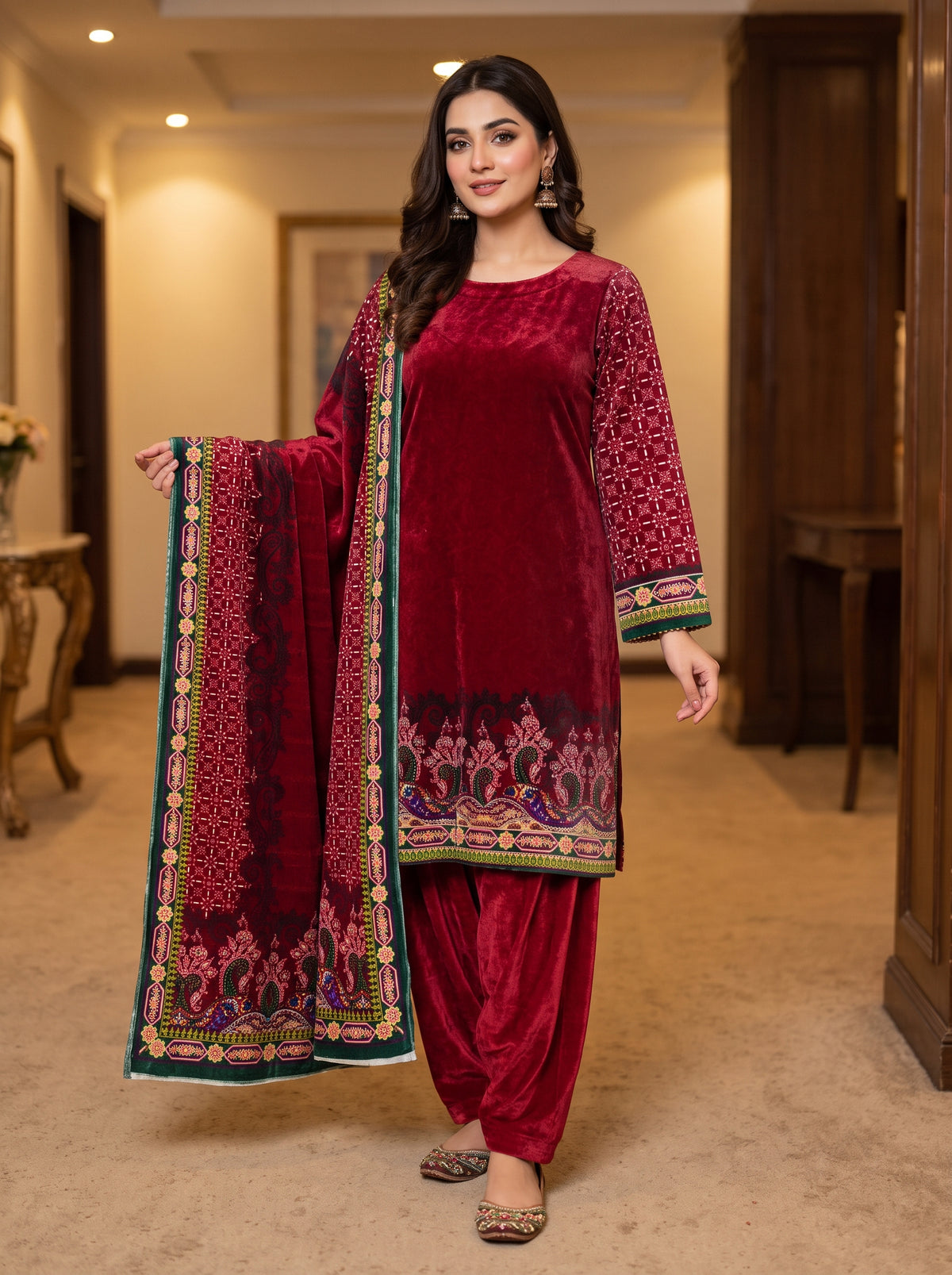 Luxurious 3-Piece Unstitched Micro Phoenix Print Velvet Suit