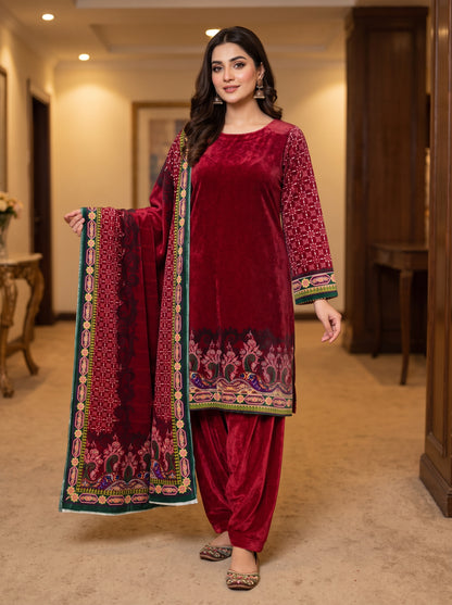 Luxurious 3-Piece Unstitched Micro Phoenix Print Velvet Suit