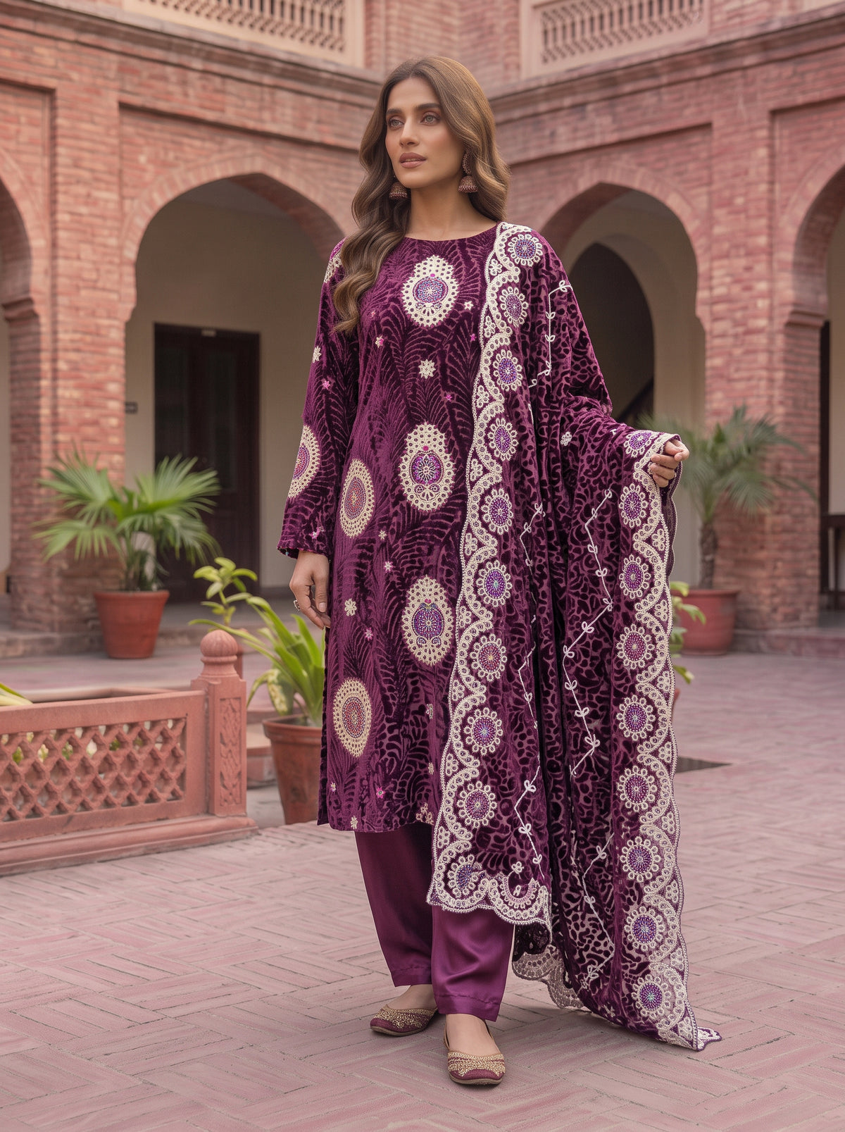 Deep Magenta-Plum Embroidered 3 Piece Unstitched Suit | Luxury Formal Wear