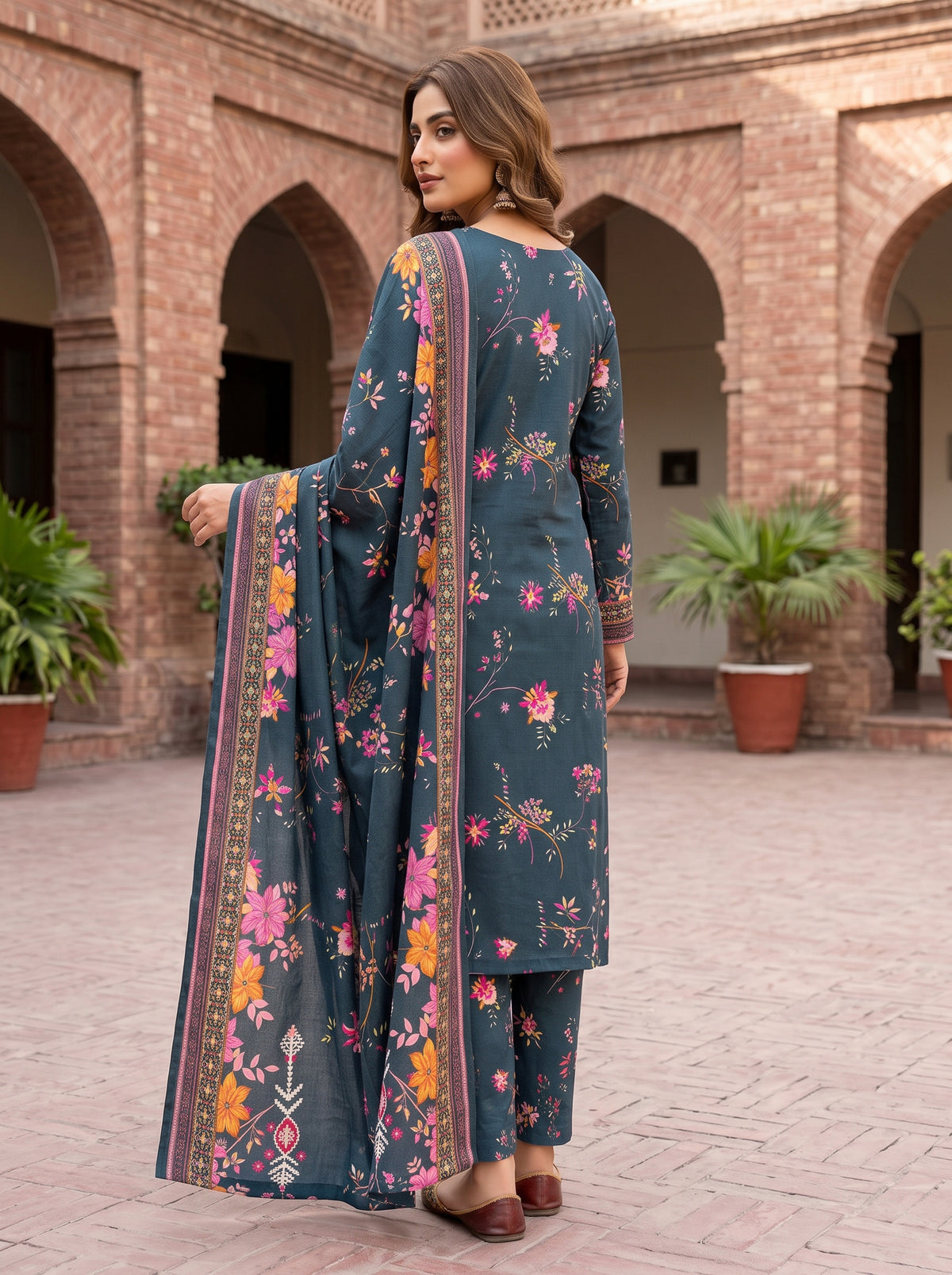 3 Piece Unstitched Printed Viscose Suit with Ribbon Wool Dupatta – Dark Teal Floral
