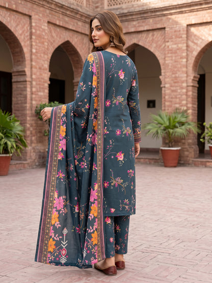 3 Piece Unstitched Printed Viscose Suit with Ribbon Wool Dupatta – Dark Teal Floral