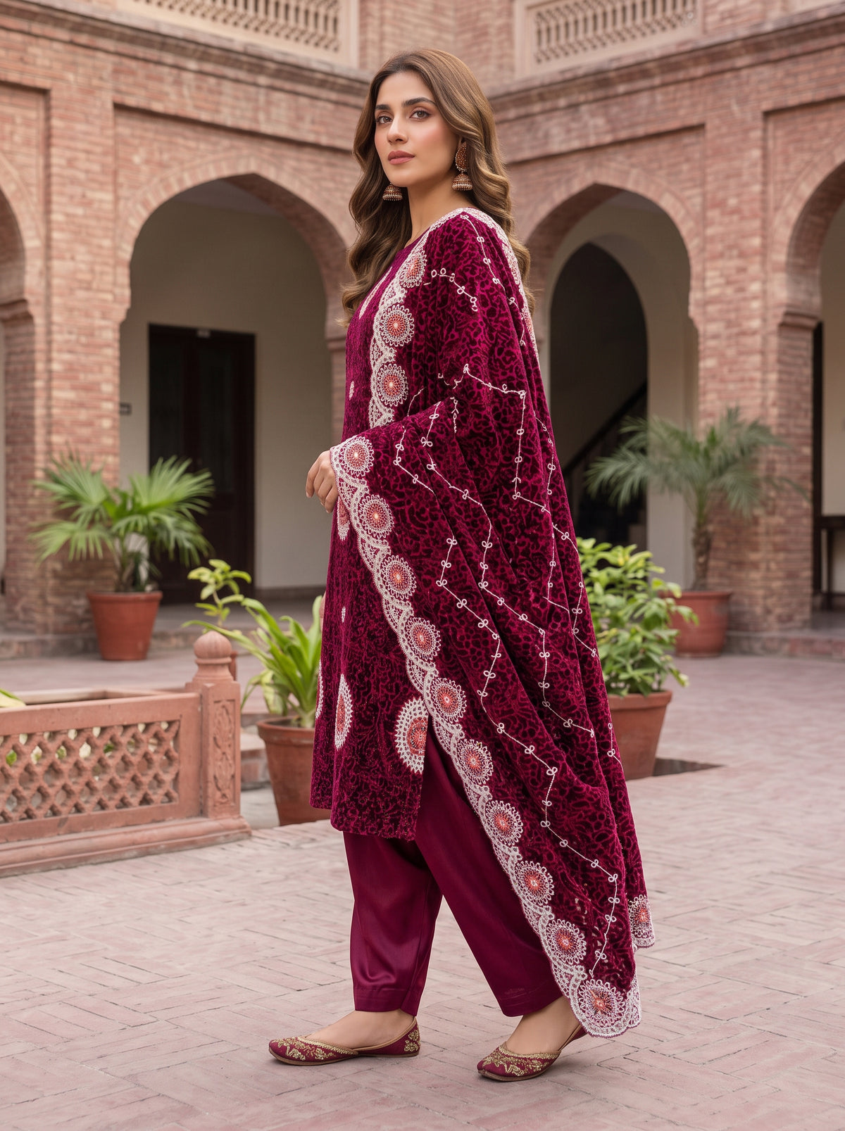Burgundy Magenta Embroidered 3 Piece Unstitched Suit | Luxury Formal Wear