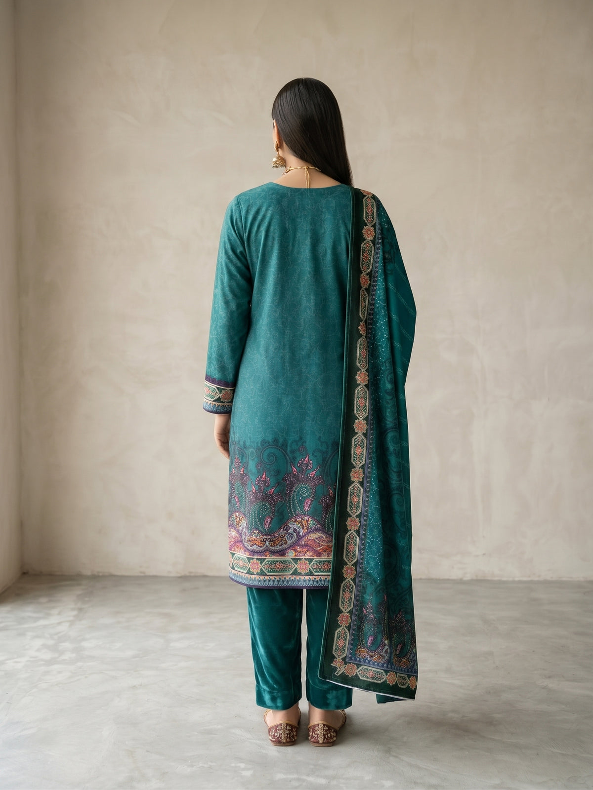 Premium Deep Teal Unstitched Micro Phoenix Print Velvet Suit - 3 Piece (Winter Edition)