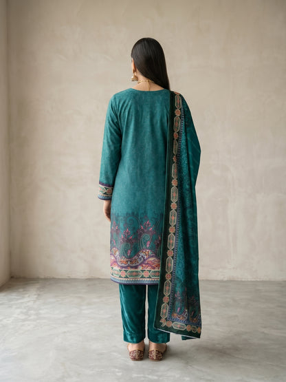 Premium Deep Teal Unstitched Micro Phoenix Print Velvet Suit - 3 Piece (Winter Edition)