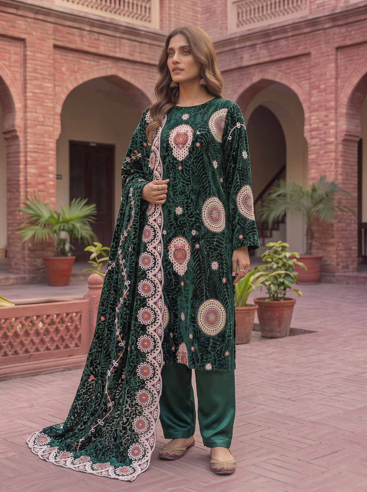 Forest-Green Embroidered 3 Piece Unstitched Suit | Luxury Formal Wear
