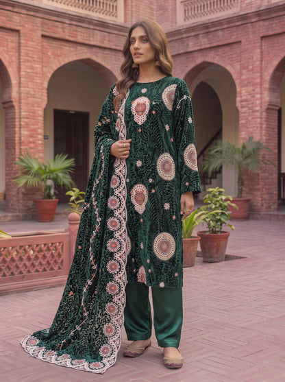 Forest-Green Embroidered 3 Piece Unstitched Suit | Luxury Formal Wear