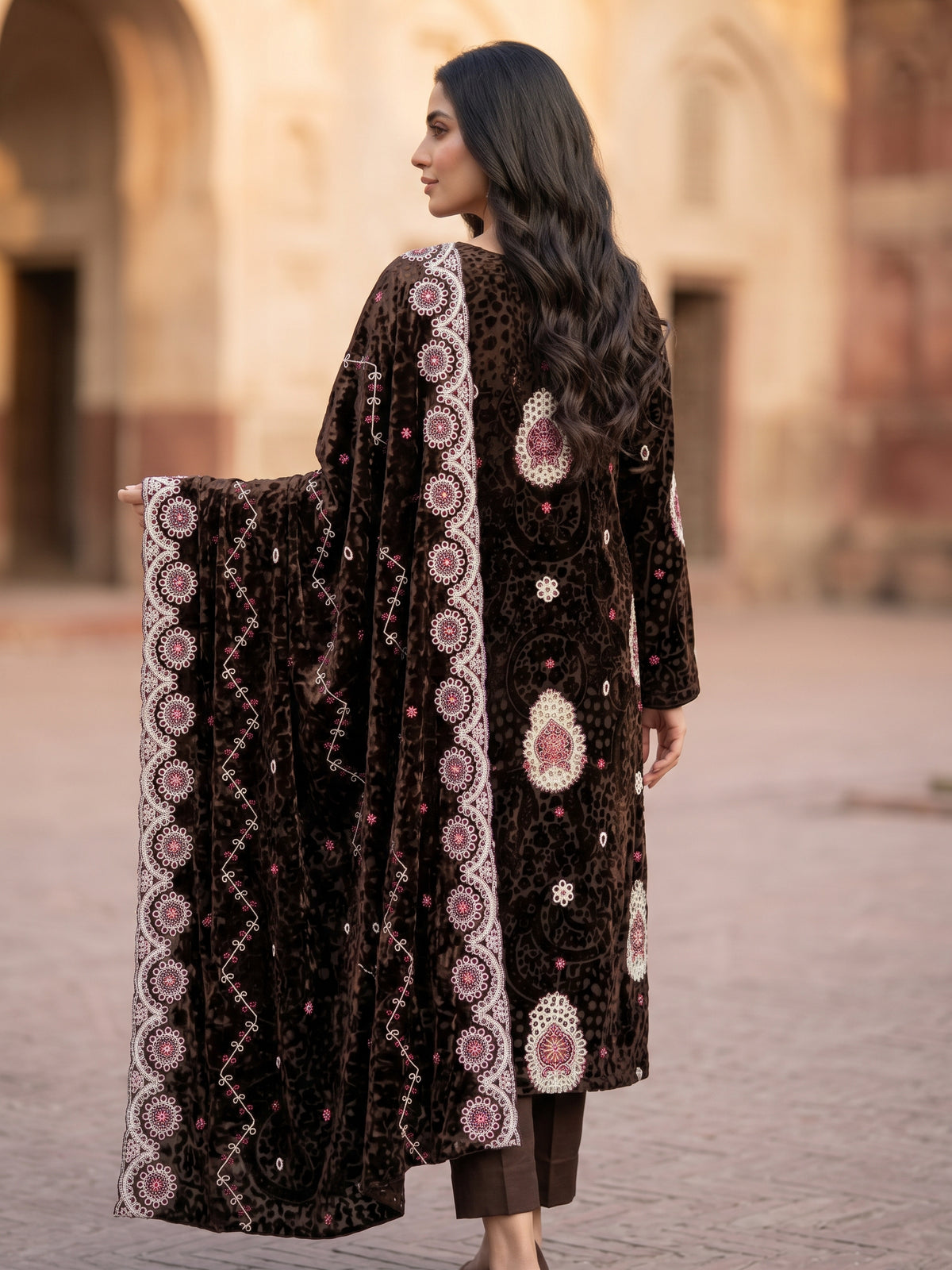 Premium Chocolate Brown Embroidered Luxury 3-Piece Unstitched Suit | Formal Wear