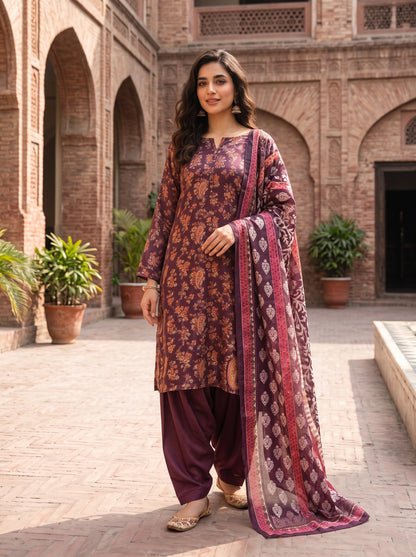 Deep Plum Barosha Silk 3-Piece Unstitched Suit | Sale