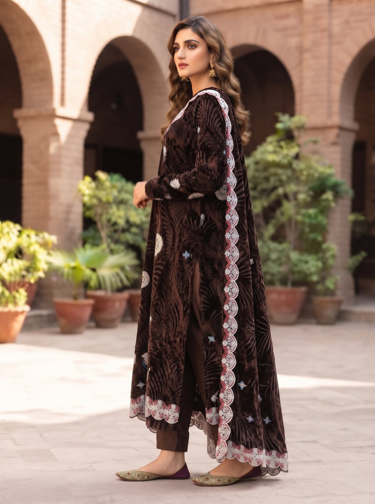 Dark Brown Embroidered 3 Piece Unstitched Suit | Luxury Formal Wear