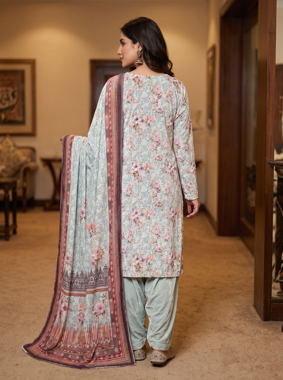 Regal 3-Piece Unstitched Printed Velvet Suit for Women