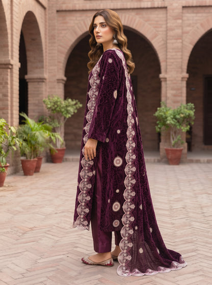Wine-Purple Embroidered 3 Piece Unstitched Suit | Luxury Formal Wear
