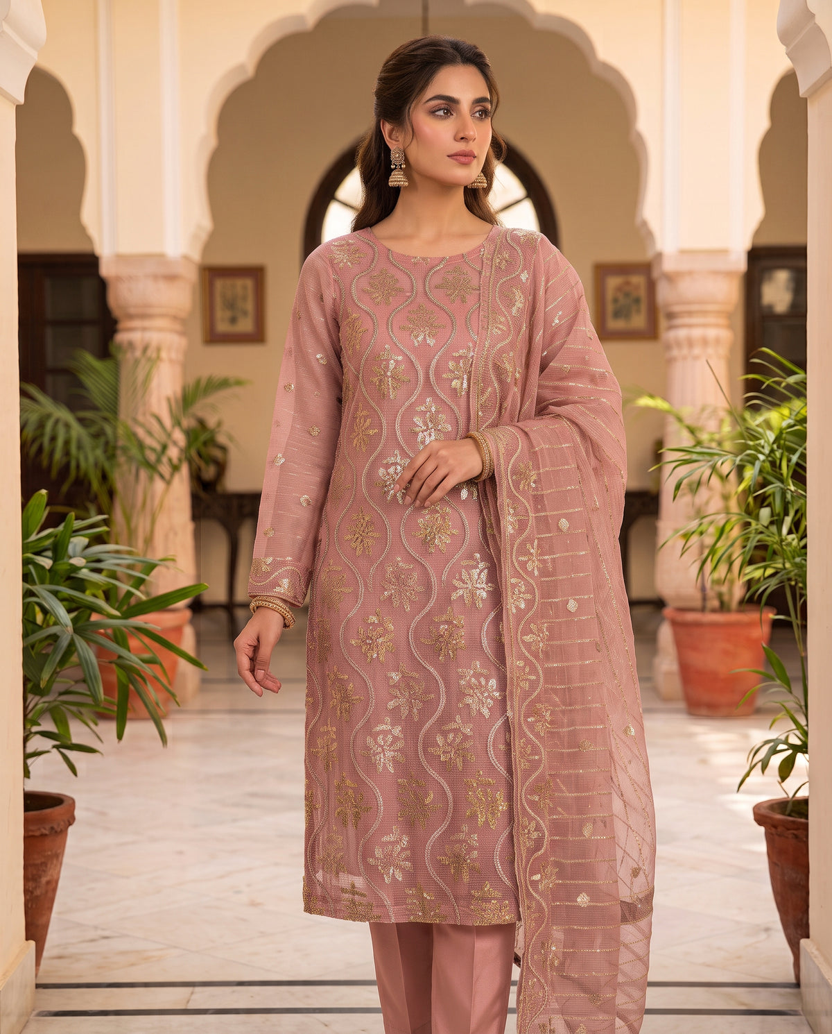 Premium Zari Masuri Cotton Net Unstitched 3PC Dress