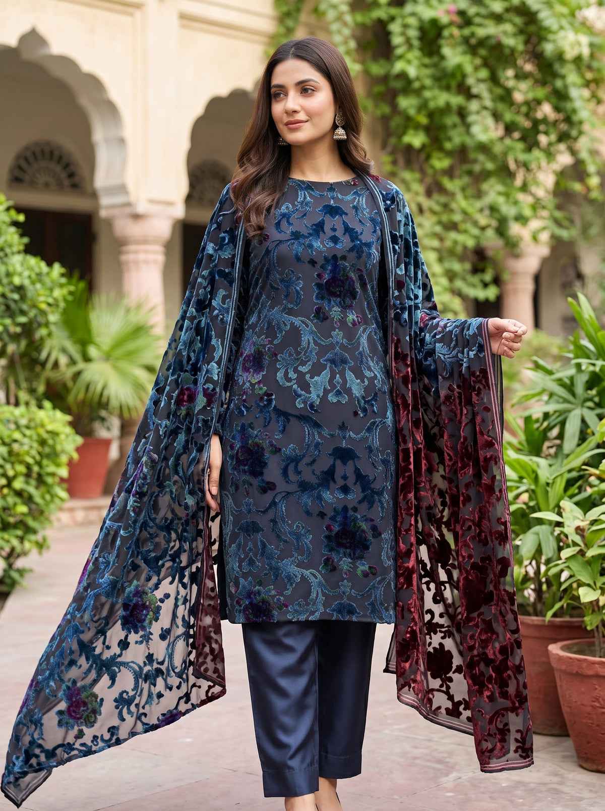 3-Piece Unstitched Palachi Suit with Plain Silk Trouser