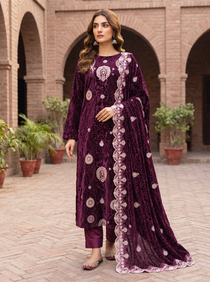 Wine-Purple Embroidered 3 Piece Unstitched Suit | Luxury Formal Wear