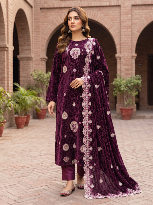 Wine-Purple Embroidered 3 Piece Unstitched Suit | Luxury Formal Wear