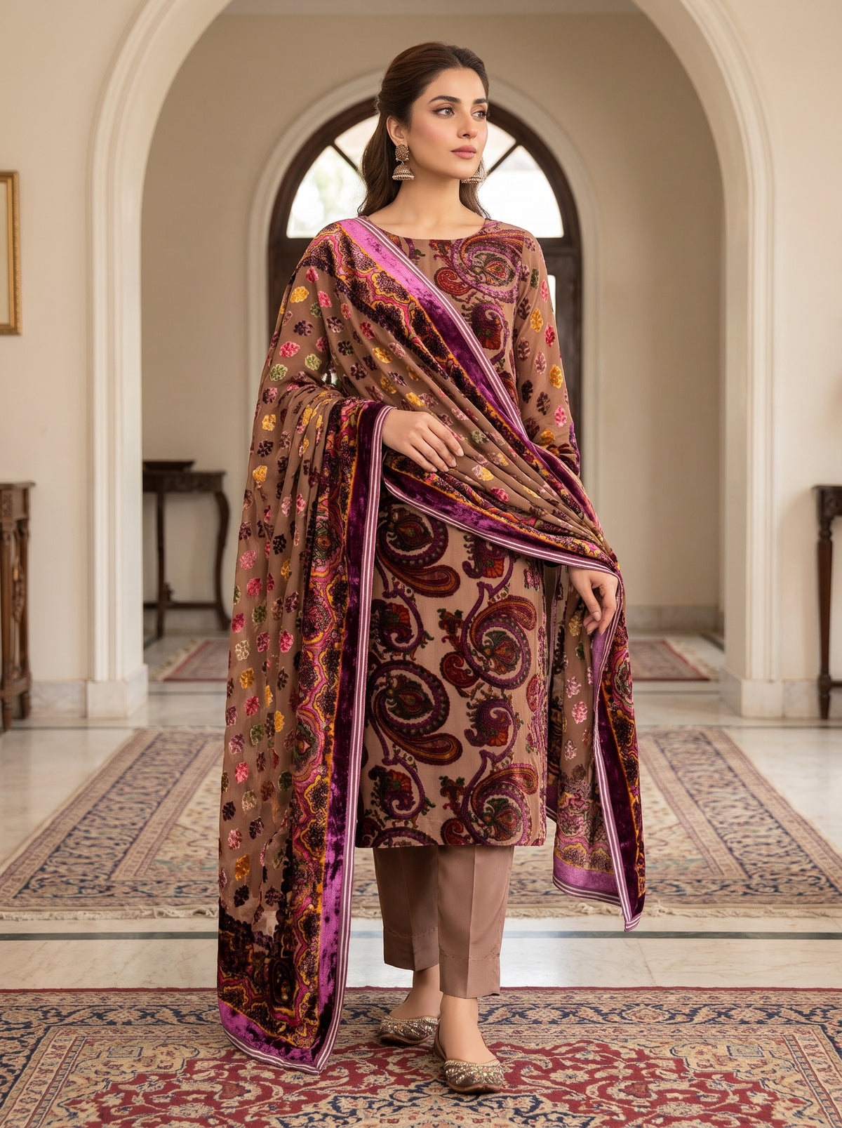 Unstitched Palachi Shirt & Dupatta with Plain Silk